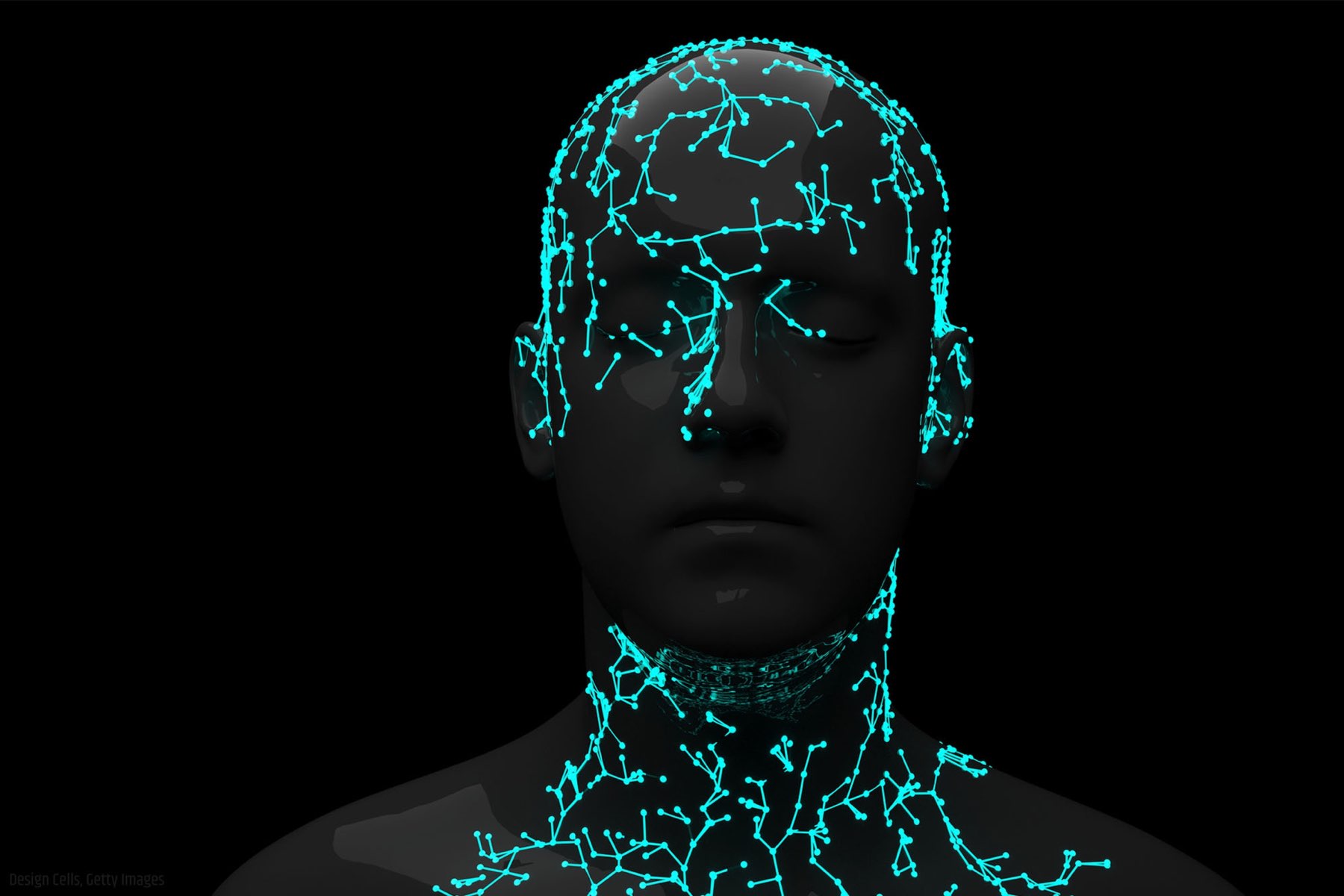 Neon neural net forming silhouette of head