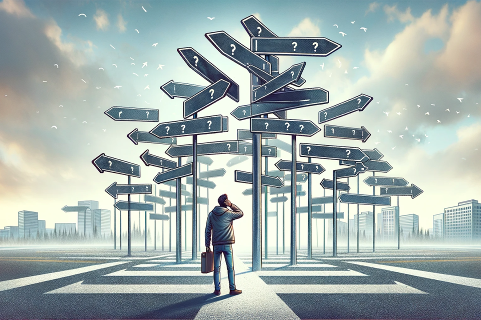 A person at a crossroads facing signs with question marks
